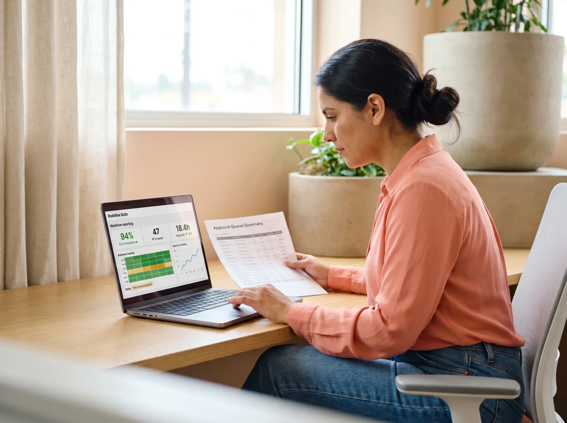 Operations manager reviewing a workflow reporting dashboard on a laptop in a professional office setting Operations manager reviewing a workflow reporting dashboard on a laptop in a professional office setting