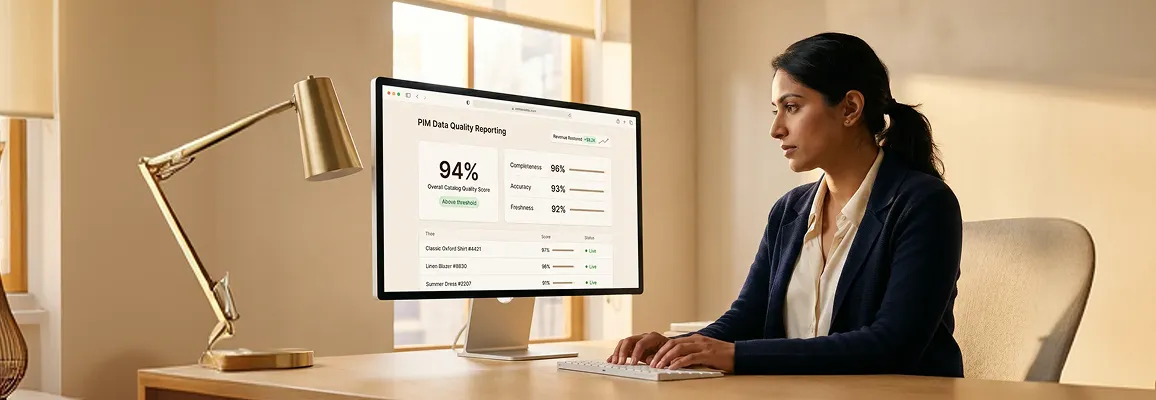 Product data analyst reviewing product information management quality dashboard showing completeness scores and suppressed listing alerts Product data analyst reviewing product information management quality dashboard showing completeness scores and suppressed listing alerts