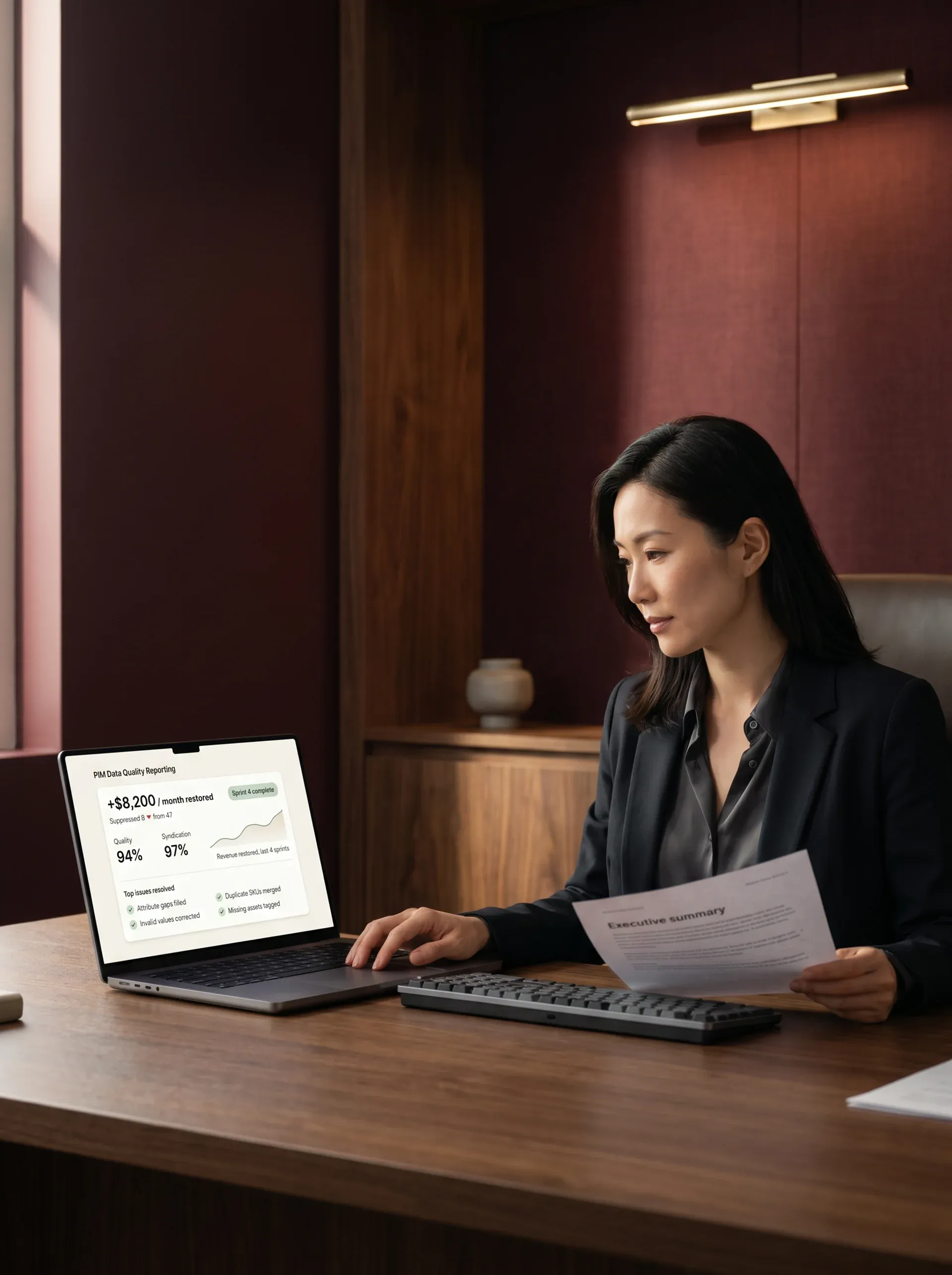 Ecommerce operations leader reviewing product information management data quality dashboard results showing revenue recovered from suppressed listings Ecommerce operations leader reviewing product information management data quality dashboard results showing revenue recovered from suppressed listings