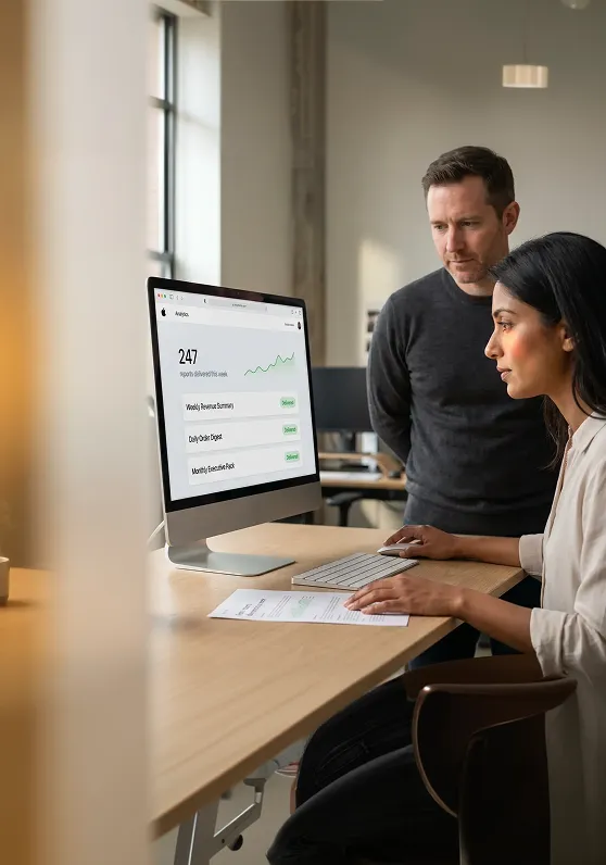 Analytics team reviewing a scheduled report dashboard on a large monitor Analytics team reviewing a scheduled report dashboard on a large monitor