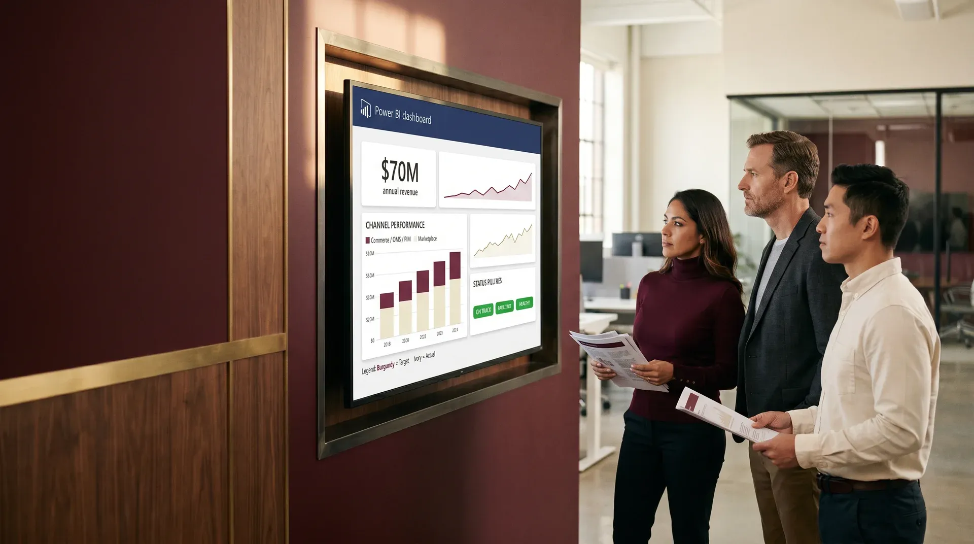Operations team reviewing a Power BI dashboard on a large screen in a warehouse office Operations team reviewing a Power BI dashboard on a large screen in a warehouse office