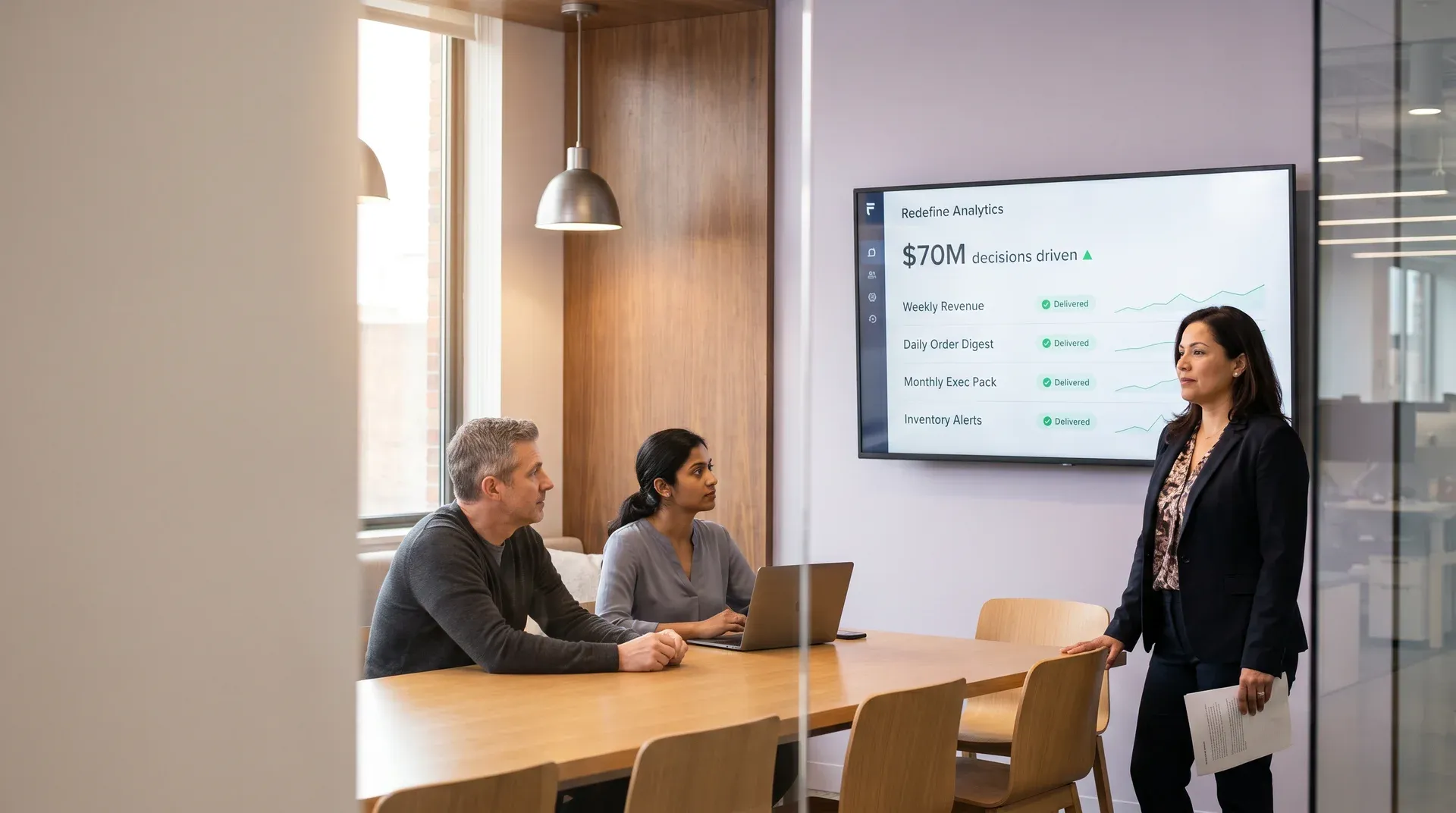 Analytics lead presenting automated report results to team in a conference room Analytics lead presenting automated report results to team in a conference room