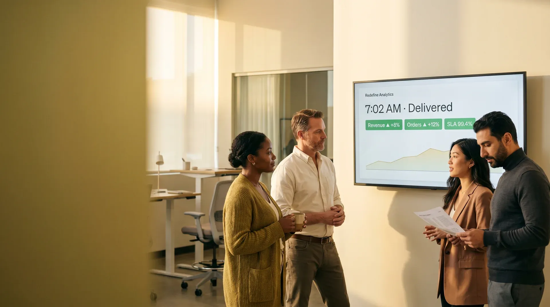 Commerce team at morning stand-up with automated scheduled report already displayed on screen