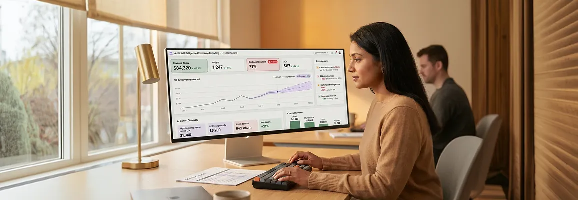 Commerce analyst reviewing AI-powered anomaly alerts and forecast dashboards on screen Commerce analyst reviewing AI-powered anomaly alerts and forecast dashboards on screen