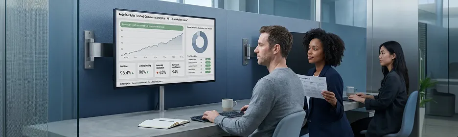 Operations manager reviewing commerce analytics dashboard in a warehouse operations office Operations manager reviewing commerce analytics dashboard in a warehouse operations office