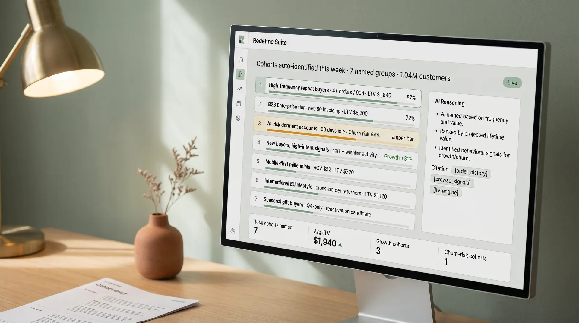 Artificial intelligence cohort discovery interface showing automatically identified high-value customer segments with lifetime value scores Artificial intelligence cohort discovery interface showing automatically identified high-value customer segments with lifetime value scores