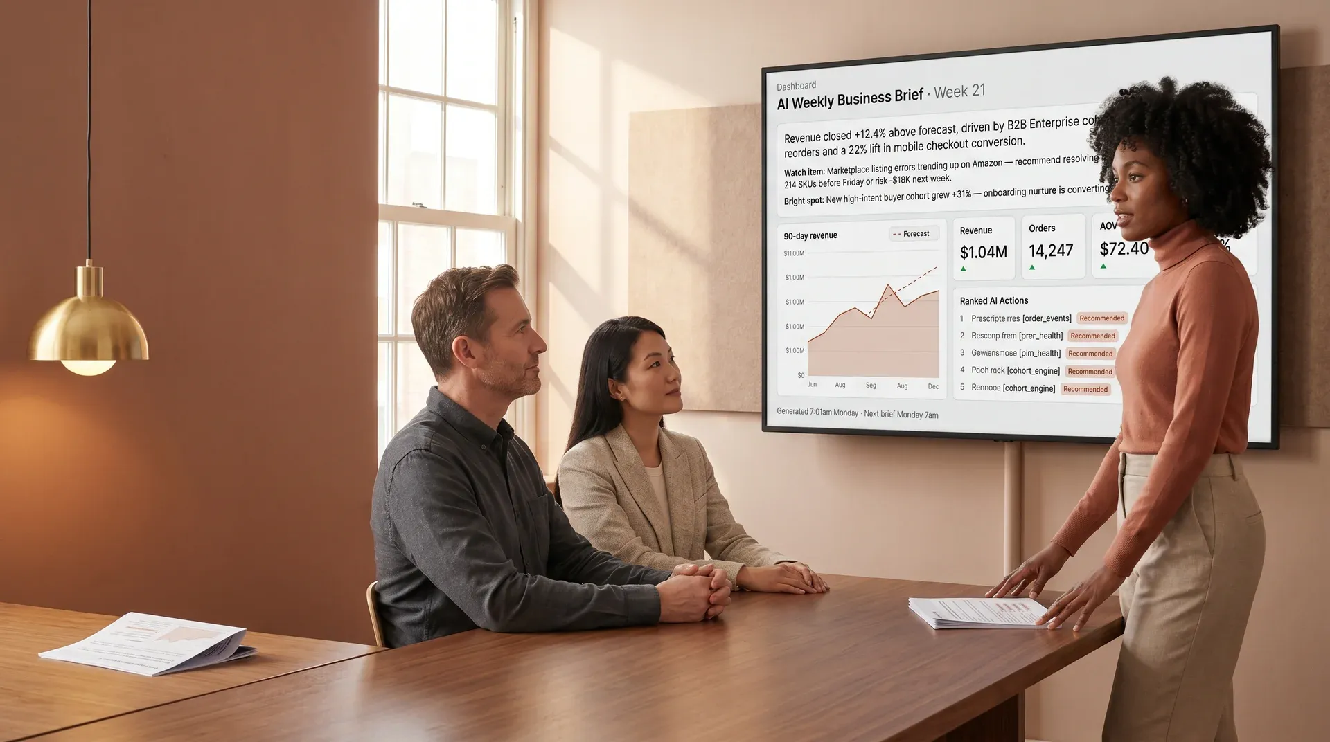 Ecommerce team lead presenting artificial intelligence reporting dashboard results and forecast data to stakeholders in a meeting room Ecommerce team lead presenting artificial intelligence reporting dashboard results and forecast data to stakeholders in a meeting room