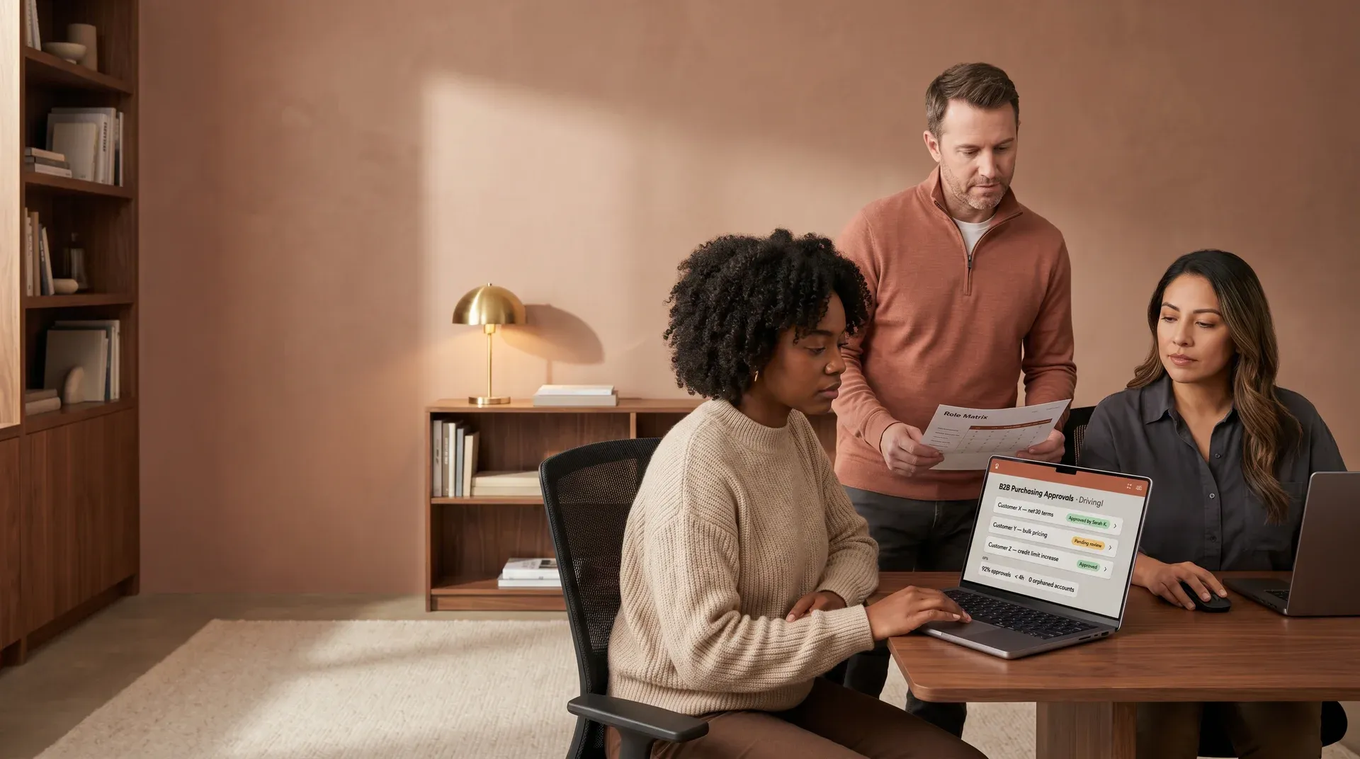 Business-to-business ecommerce operations team reviewing approval workflows and role-based access controls on a headless platform Business-to-business ecommerce operations team reviewing approval workflows and role-based access controls on a headless platform