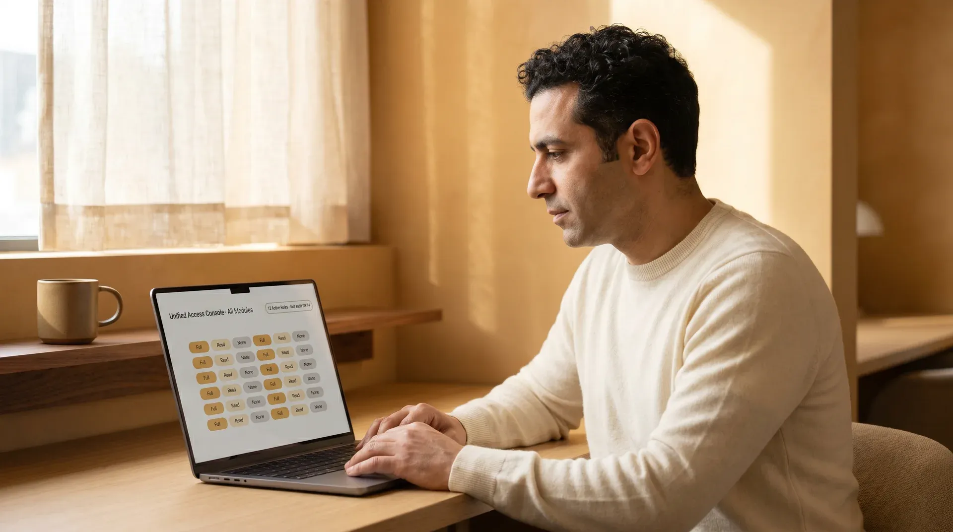 Security administrator reviewing a unified access permissions matrix in an enterprise office environment Security administrator reviewing a unified access permissions matrix in an enterprise office environment