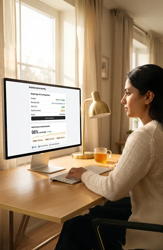 Security administrator configuring single sign-on and multi-factor authentication settings on a modern enterprise security dashboard Security administrator configuring single sign-on and multi-factor authentication settings on a modern enterprise security dashboard