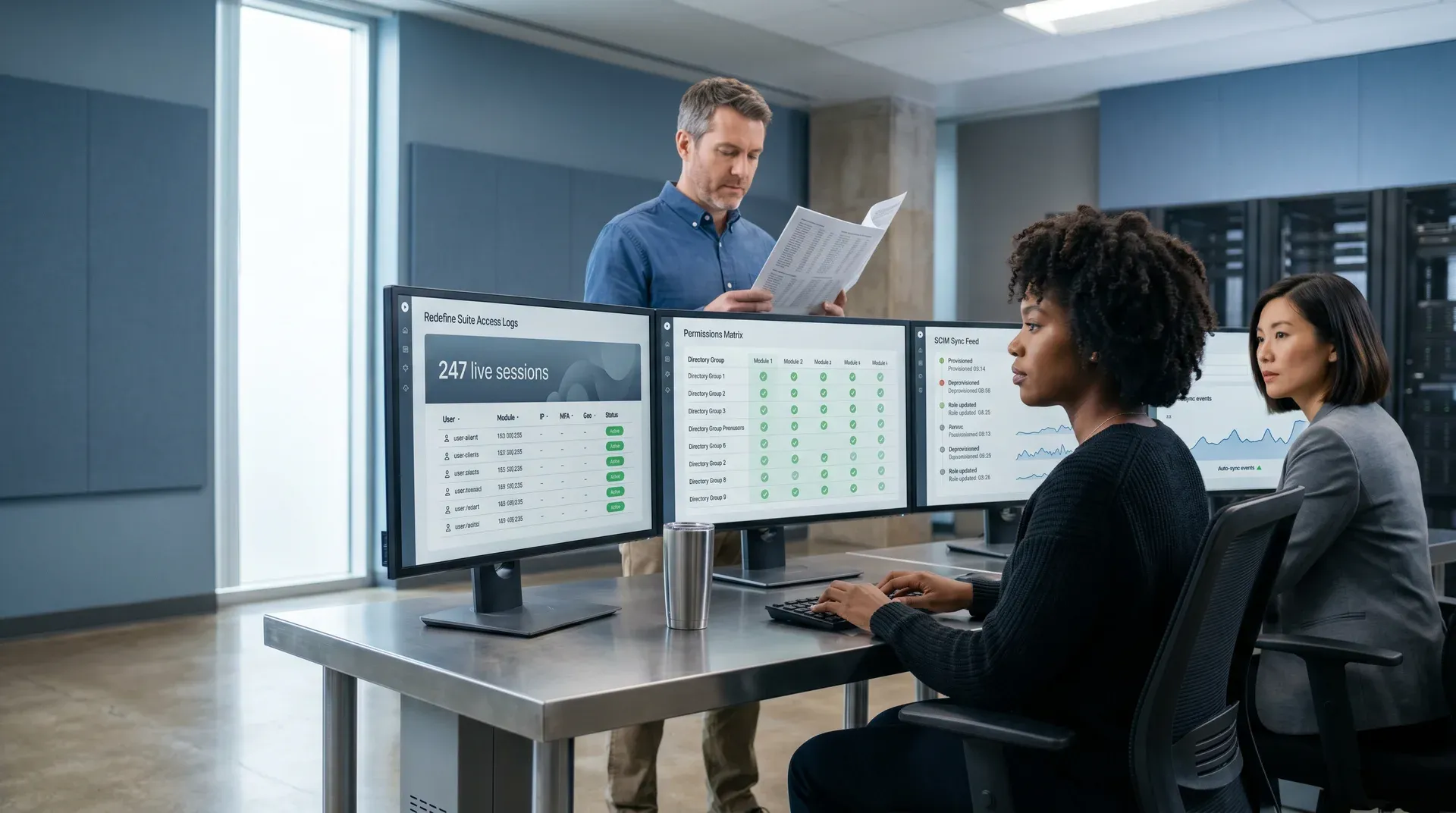 IT security team reviewing access logs and permissions dashboard in an enterprise operations center IT security team reviewing access logs and permissions dashboard in an enterprise operations center