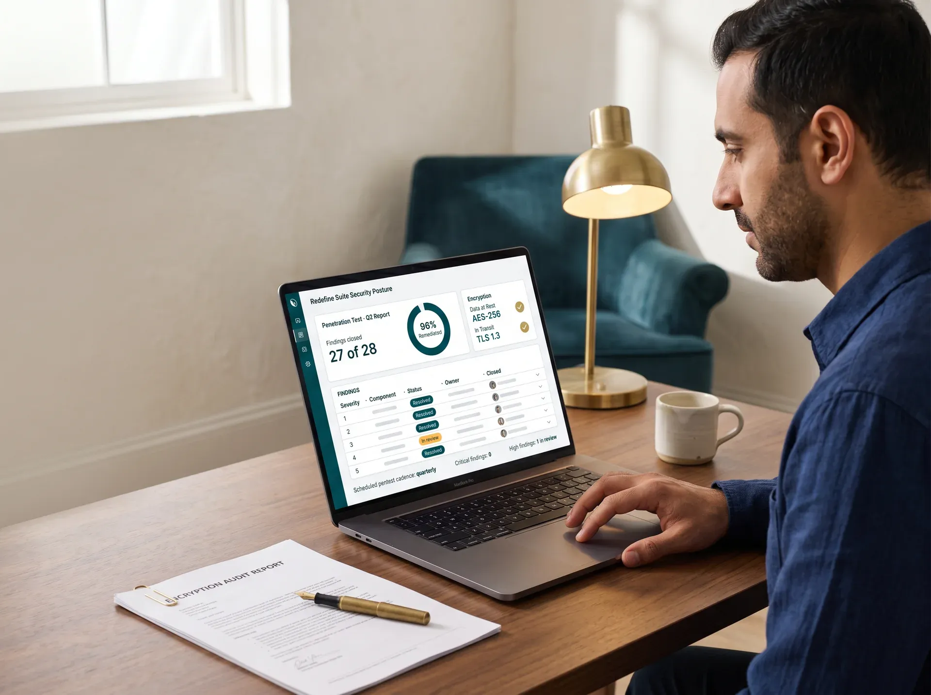 Security engineer reviewing penetration test results and encryption audit report Security engineer reviewing penetration test results and encryption audit report