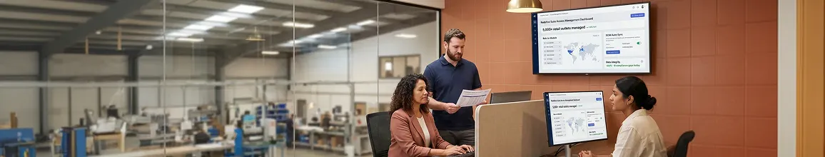 Manufacturing operations team reviewing enterprise resource planning and access management data in a modern facility Manufacturing operations team reviewing enterprise resource planning and access management data in a modern facility