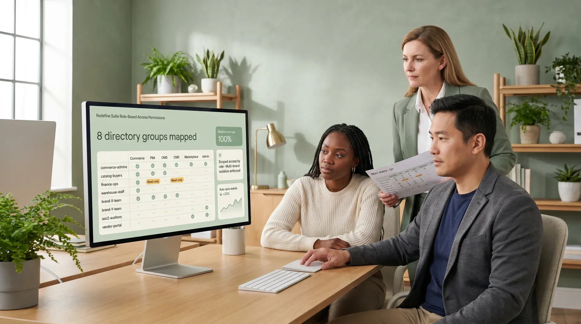 Diverse enterprise team reviewing role-based access permissions in a modern open office Diverse enterprise team reviewing role-based access permissions in a modern open office