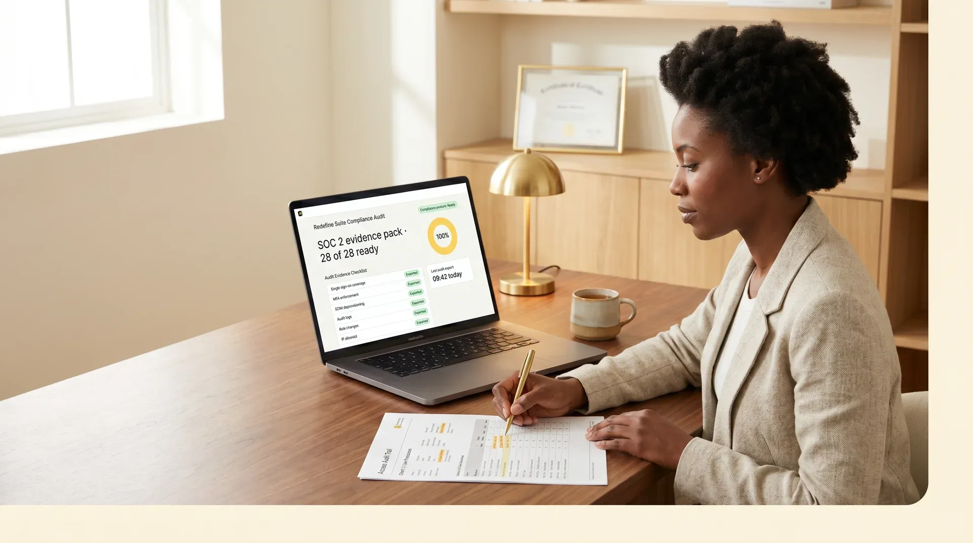 IT compliance manager reviewing an access audit report and security documentation checklist IT compliance manager reviewing an access audit report and security documentation checklist