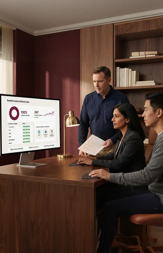 Enterprise security team reviewing a unified access dashboard showing single sign-on and multi-factor authentication coverage across all commerce modules Enterprise security team reviewing a unified access dashboard showing single sign-on and multi-factor authentication coverage across all commerce modules