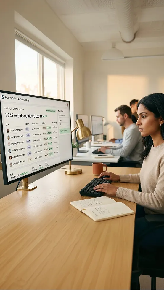 Operations analyst reviewing a unified audit trail dashboard showing change history across commerce modules Operations analyst reviewing a unified audit trail dashboard showing change history across commerce modules