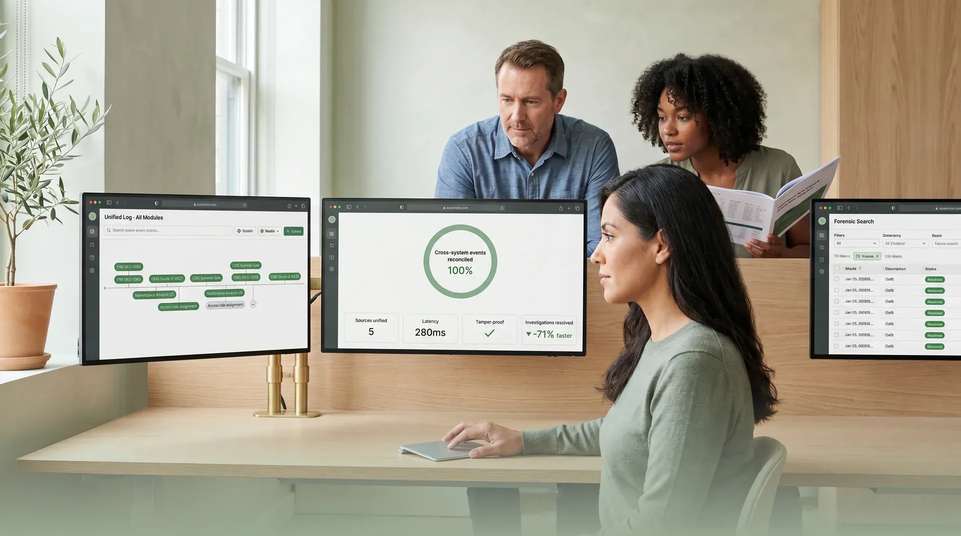 Compliance team reviewing scattered audit logs across multiple disconnected systems Compliance team reviewing scattered audit logs across multiple disconnected systems
