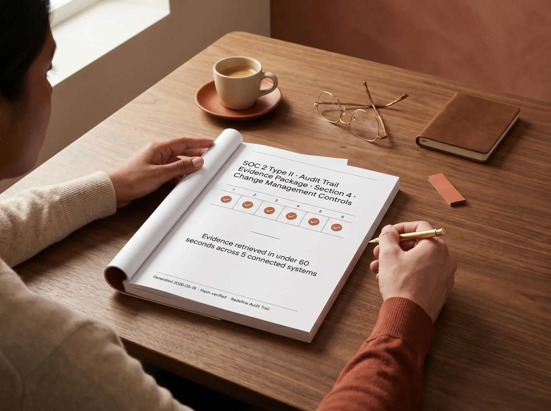 Compliance report on conference table being reviewed by two people Compliance report on conference table being reviewed by two people