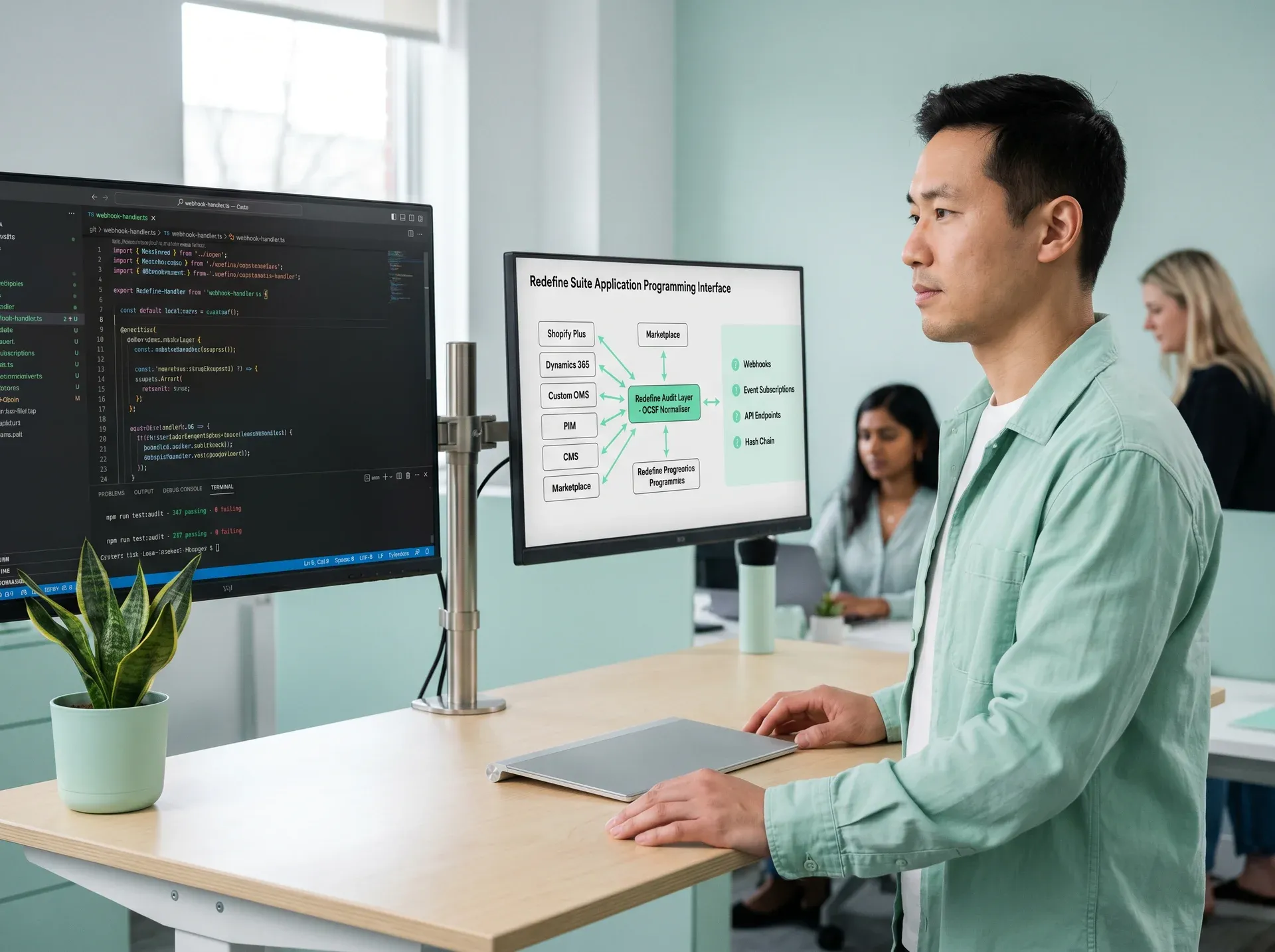 Developer reviewing Application Programming Interface integration diagram at standing desk Developer reviewing Application Programming Interface integration diagram at standing desk