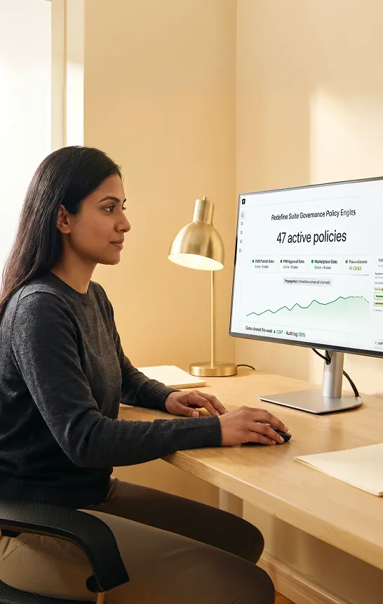 Operations manager reviewing governance approval workflow on a dashboard screen Operations manager reviewing governance approval workflow on a dashboard screen