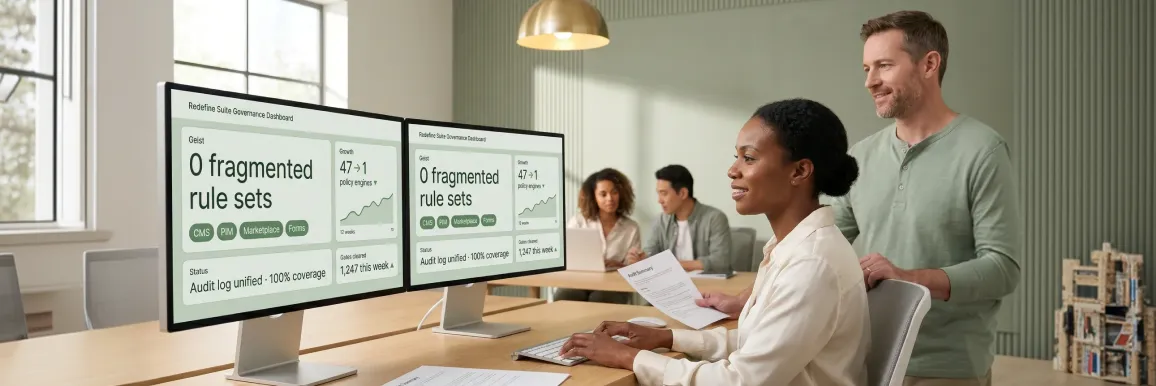 Operations team reviewing unified governance dashboards after consolidating fragmented approval systems Operations team reviewing unified governance dashboards after consolidating fragmented approval systems