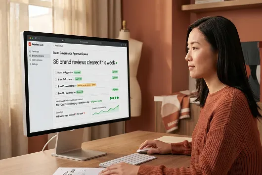 Retail merchandising manager reviewing brand governance approval dashboard Retail merchandising manager reviewing brand governance approval dashboard