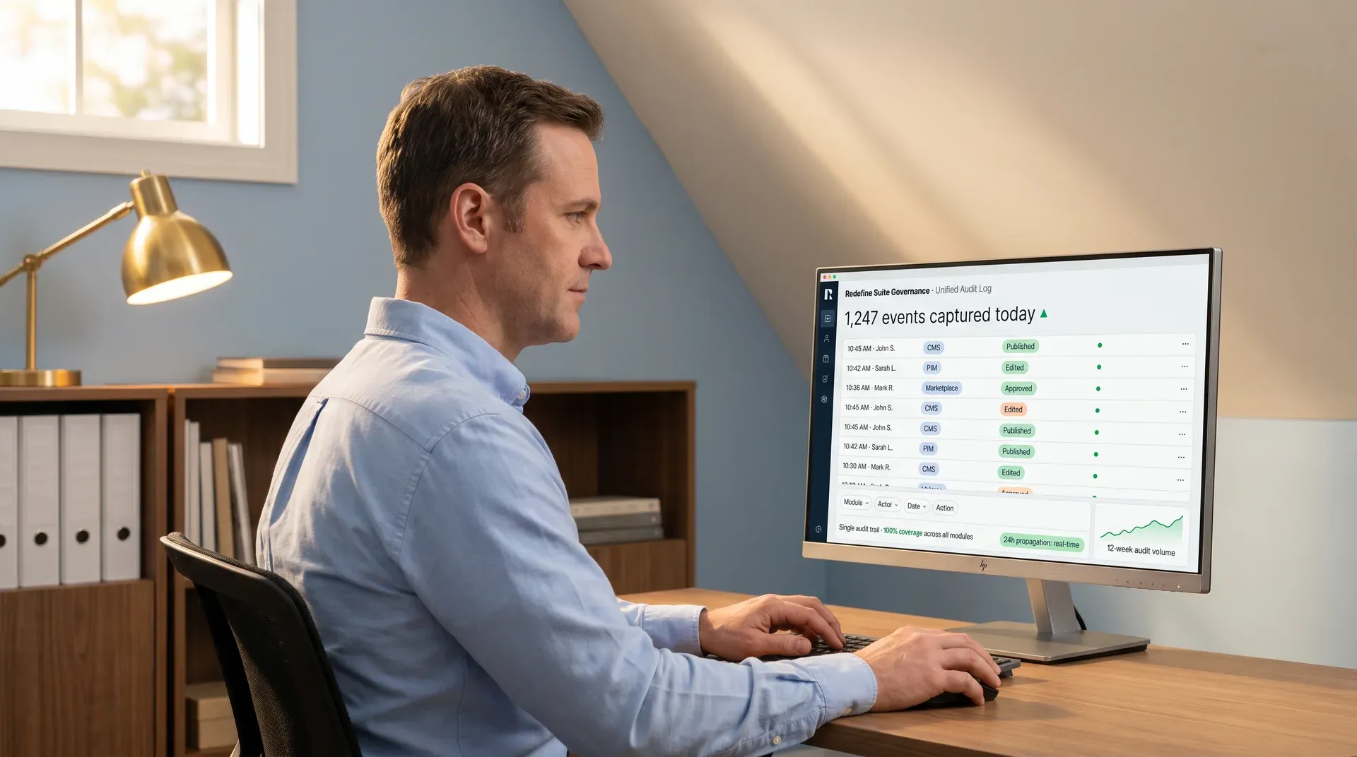 IT compliance manager reviewing governance dashboard with unified audit log on screen IT compliance manager reviewing governance dashboard with unified audit log on screen