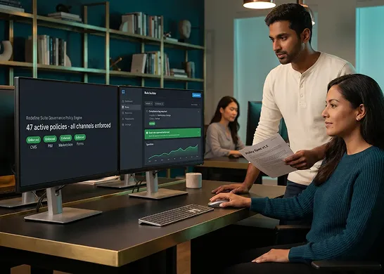 Security operations team configuring governance policies together at their workstation Security operations team configuring governance policies together at their workstation