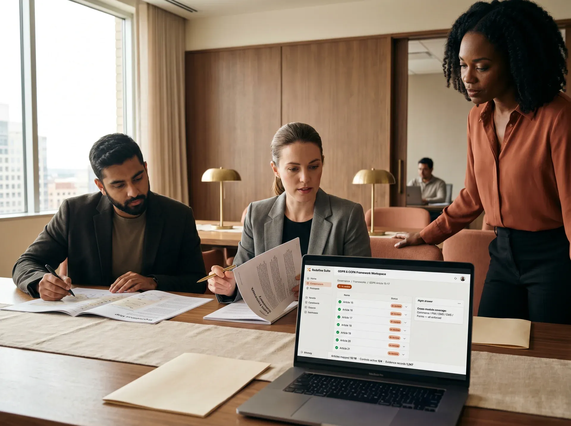 Data privacy and compliance team reviewing GDPR and CCPA framework documentation in an enterprise setting Data privacy and compliance team reviewing GDPR and CCPA framework documentation in an enterprise setting