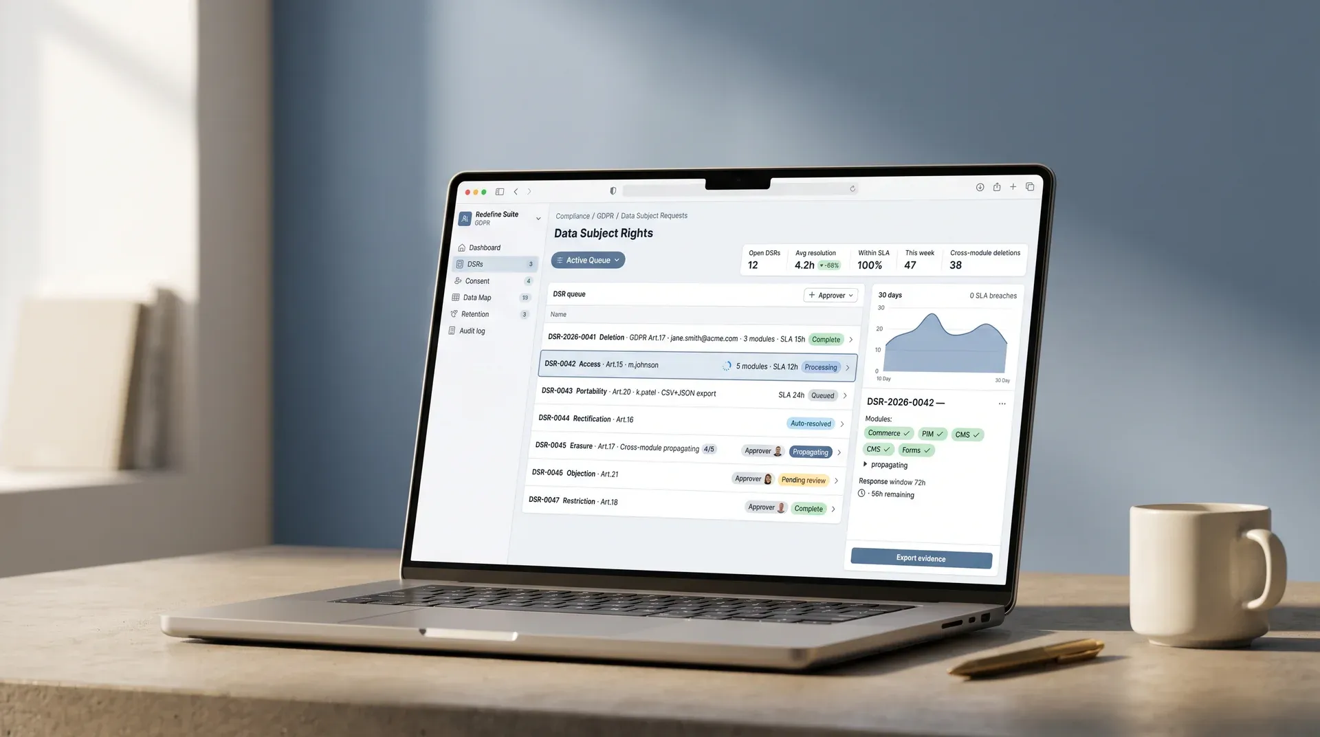 GDPR data subject rights management interface showing access, deletion, and export request handling GDPR data subject rights management interface showing access, deletion, and export request handling