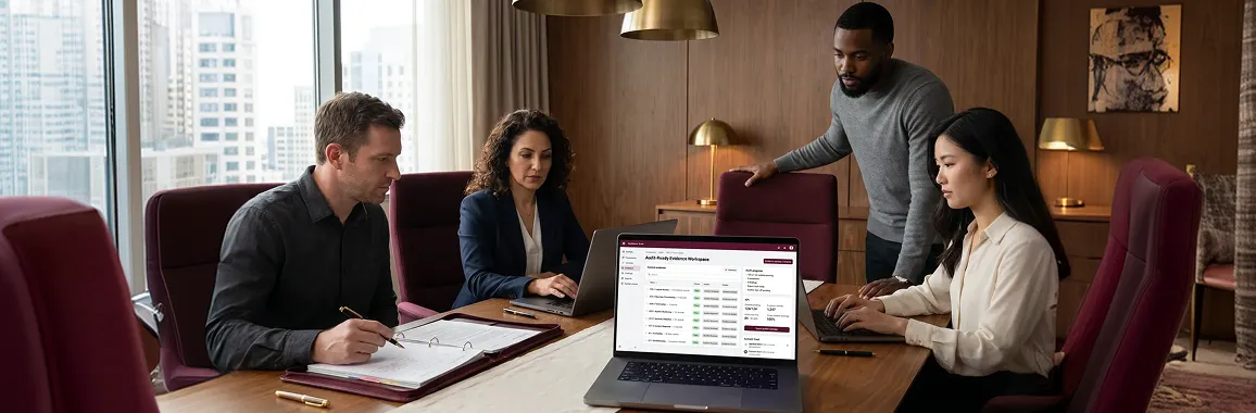 Compliance and legal team working through a structured data audit process in an enterprise environment Compliance and legal team working through a structured data audit process in an enterprise environment