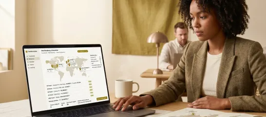 Privacy compliance professional reviewing a data residency map and compliance documentation at a clean desk Privacy compliance professional reviewing a data residency map and compliance documentation at a clean desk