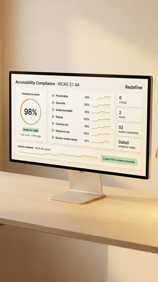 Redefine accessibility compliance dashboard showing WCAG 2.1 AA audit results with pass and fail indicators Redefine accessibility compliance dashboard showing WCAG 2.1 AA audit results with pass and fail indicators