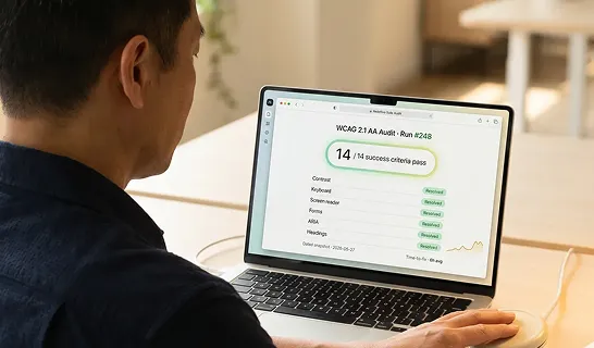 Redefine accessibility QA engineer using a switch-input device while conducting a WCAG audit on a commerce storefront, report visible on screen
