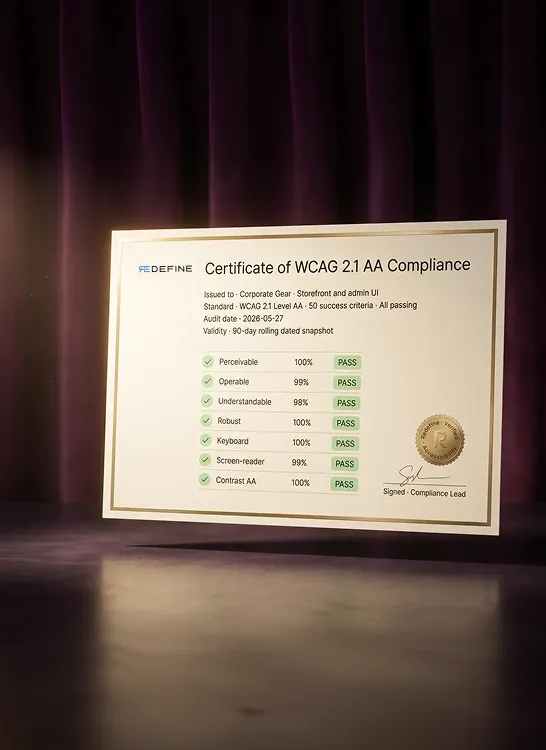 Redefine WCAG 2.1 AA compliance certificate for a commerce storefront showing all success criteria passing