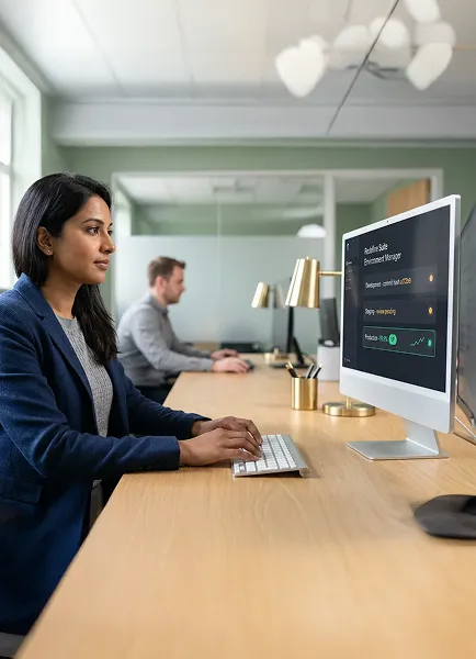 Platform admin engineer reviewing environment dashboard with staging deployment in real time Platform admin engineer reviewing environment dashboard with staging deployment in real time