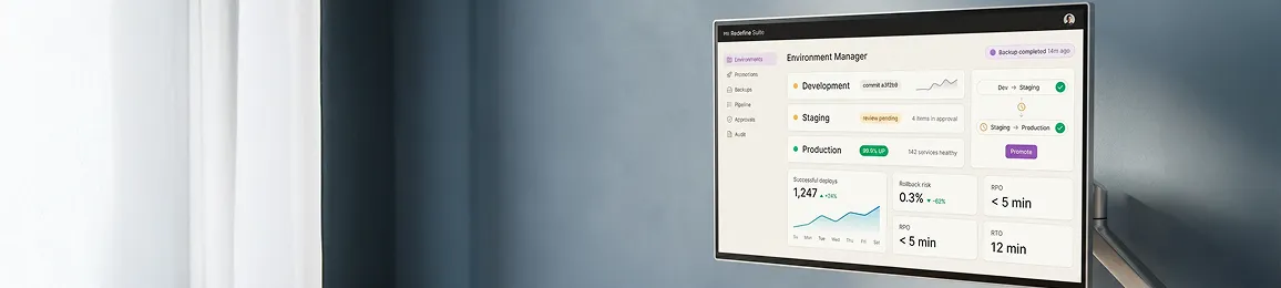 Environment management dashboard showing development, staging, and production tiers with promotion workflow and backup status Environment management dashboard showing development, staging, and production tiers with promotion workflow and backup status