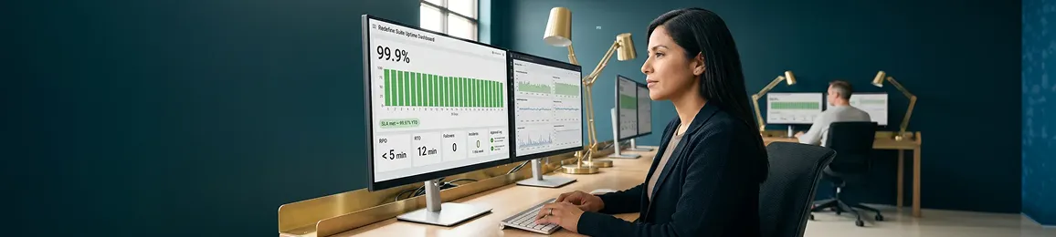 Site reliability engineer monitoring uptime dashboard showing sustained 99.9% availability across production environments Site reliability engineer monitoring uptime dashboard showing sustained 99.9% availability across production environments