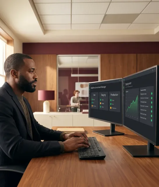 Platform reliability engineer in modern office reviewing environment status on multiple monitors, calm and confident Platform reliability engineer in modern office reviewing environment status on multiple monitors, calm and confident