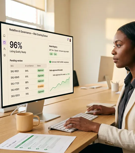 Compliance officer reviewing AI-generated content risk scores in governance dashboard on large monitor Compliance officer reviewing AI-generated content risk scores in governance dashboard on large monitor