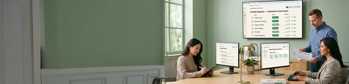 Enterprise commerce governance team calmly reviewing the AI risk register across commerce use cases on shared displays Enterprise commerce governance team calmly reviewing the AI risk register across commerce use cases on shared displays
