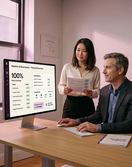 Enterprise governance team confidently reviewing AI policy controls after Redefine deployment Enterprise governance team confidently reviewing AI policy controls after Redefine deployment