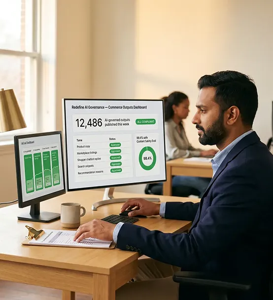 Compliance lead reviewing AI-governed commerce outputs with confidence on Redefine governance dashboard Compliance lead reviewing AI-governed commerce outputs with confidence on Redefine governance dashboard