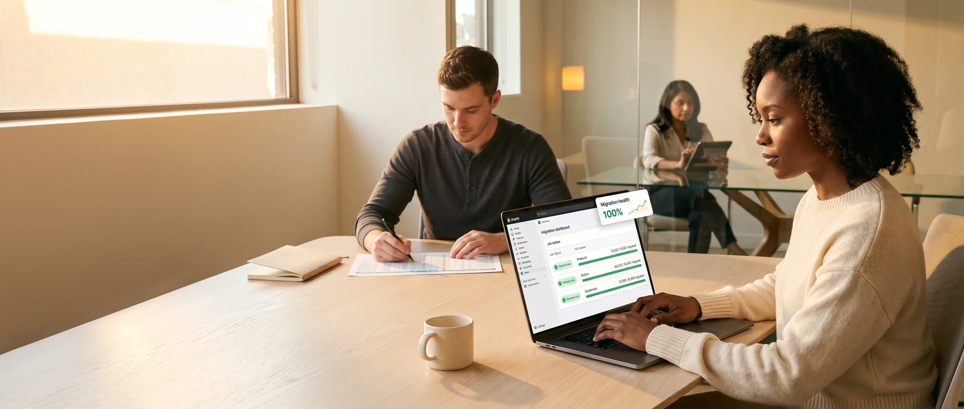 Ecommerce operations lead reviewing a platform migration project on laptop, natural morning light Ecommerce operations lead reviewing a platform migration project on laptop, natural morning light