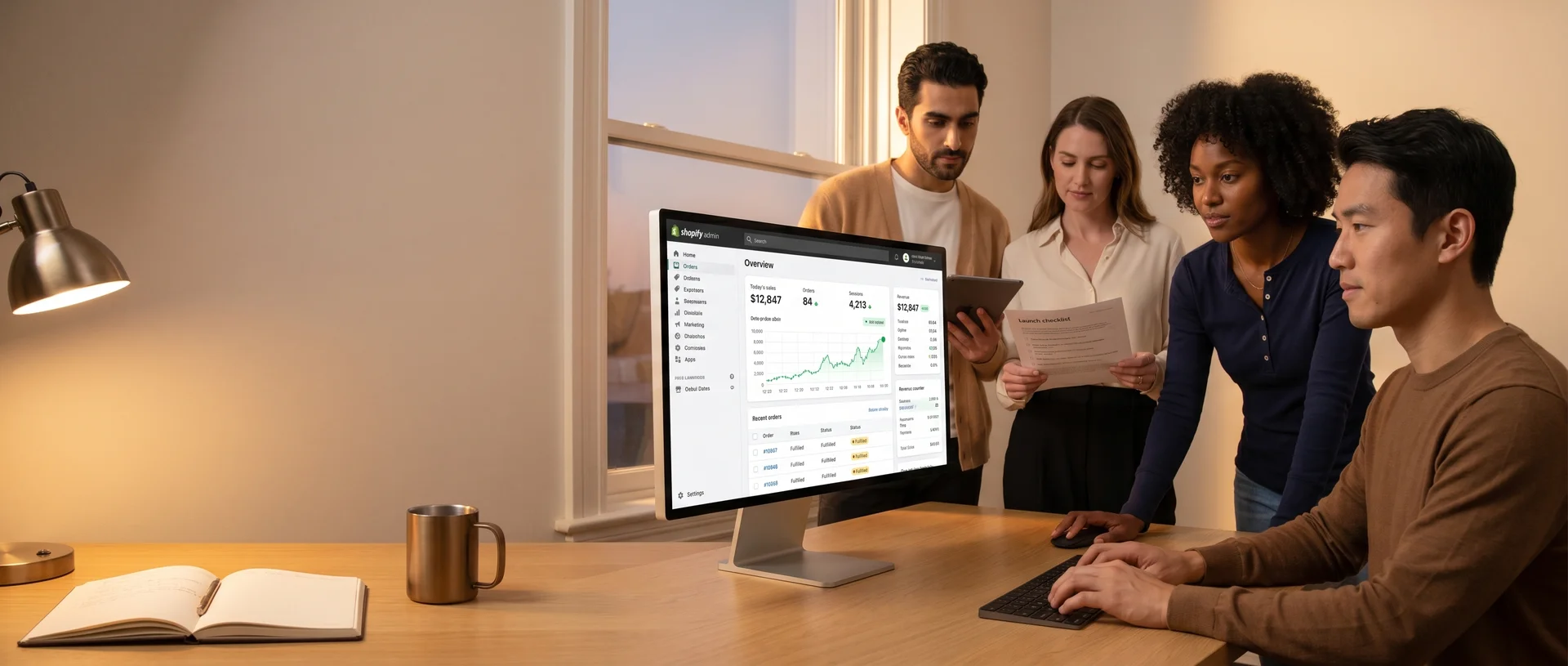 Ecommerce team at the moment a new Shopify store goes live, relief and excitement visible Ecommerce team at the moment a new Shopify store goes live, relief and excitement visible