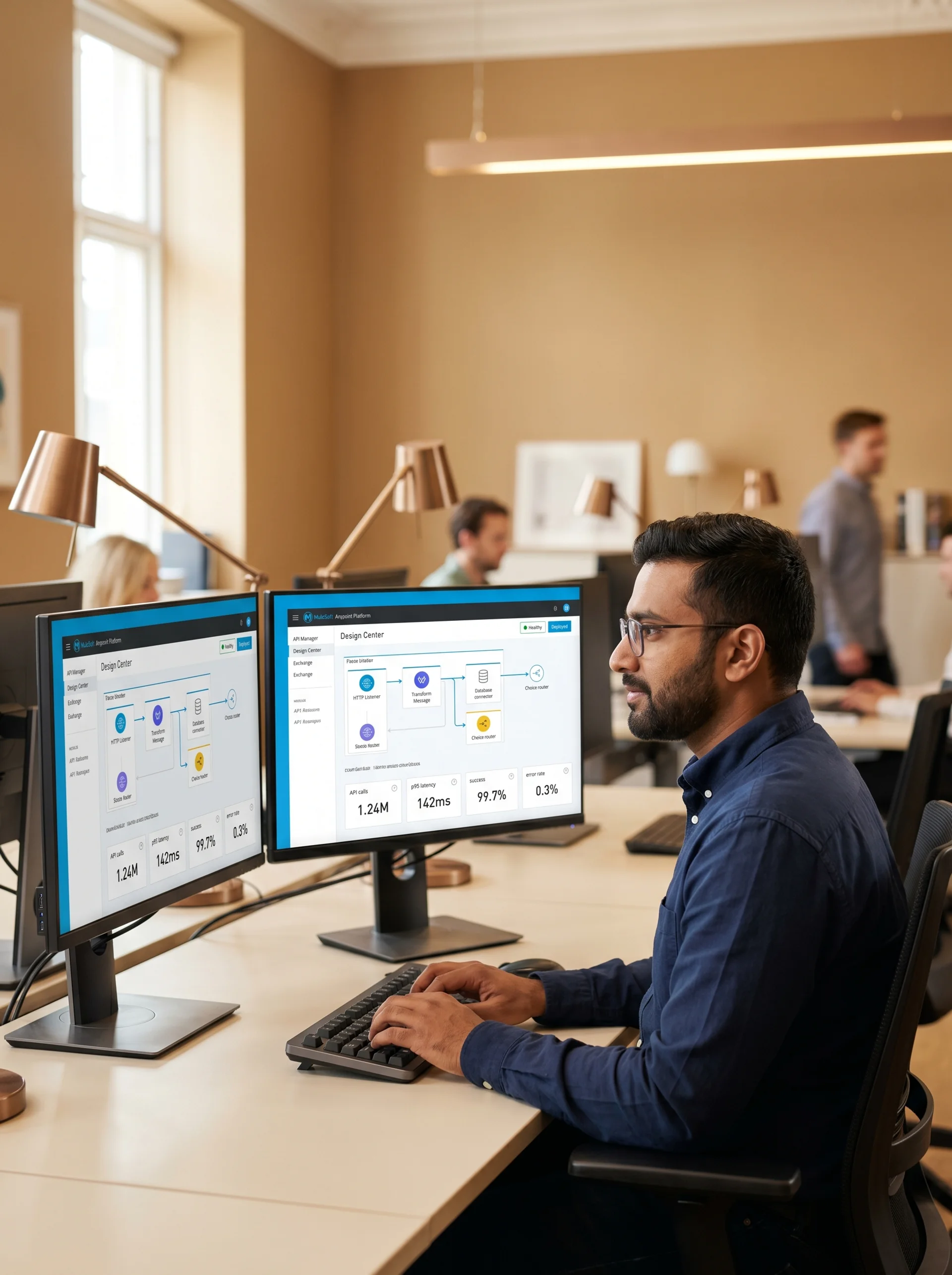 Integration engineer reviewing API flow across multiple platforms on dual monitors Integration engineer reviewing API flow across multiple platforms on dual monitors