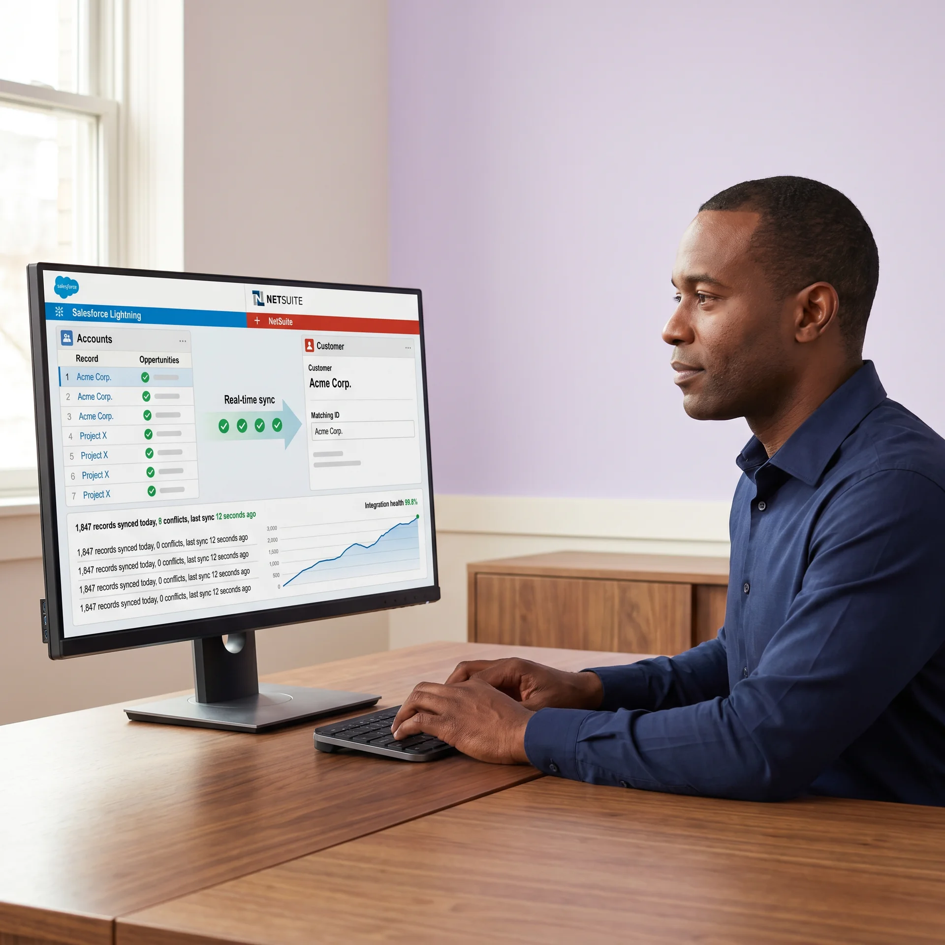 IT director reviewing real-time Salesforce and NetSuite data synchronization IT director reviewing real-time Salesforce and NetSuite data synchronization