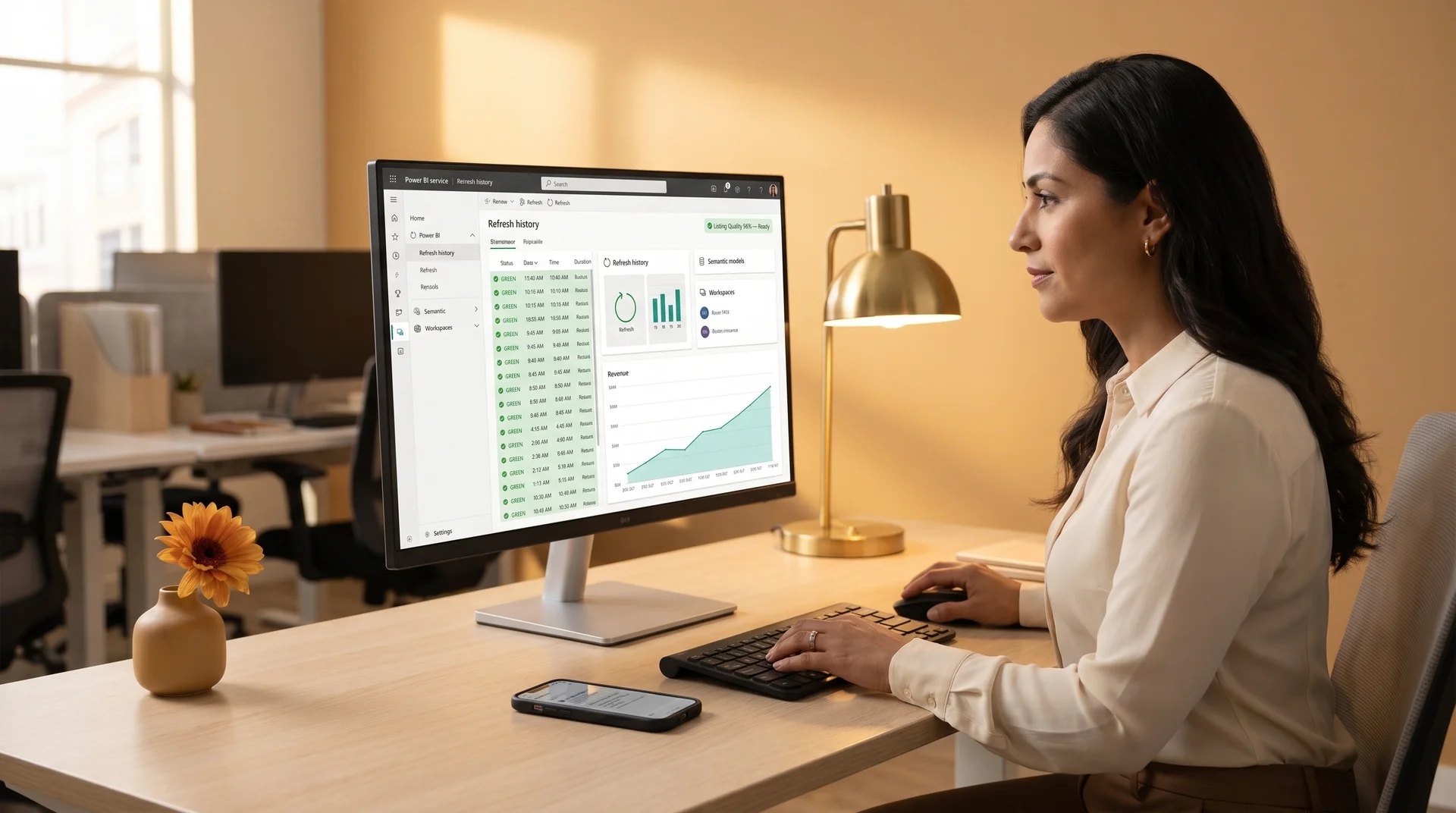 Finance analyst calmly reviewing successful Monday refresh on Power BI Finance analyst calmly reviewing successful Monday refresh on Power BI