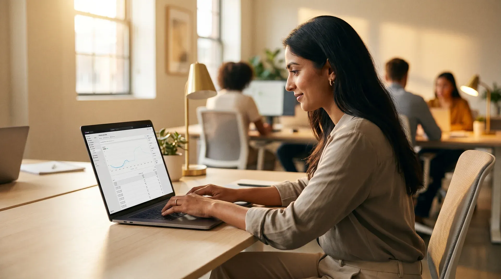 Merchant reviewing Shopify store analytics on a laptop, identifying checkout drop-off and performance gaps Merchant reviewing Shopify store analytics on a laptop, identifying checkout drop-off and performance gaps